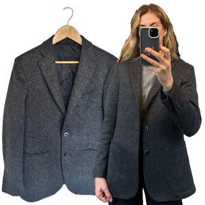 Vintage Inspired Navy Blue Grey Herringbone Italian Wool Blend Blazer Jacket